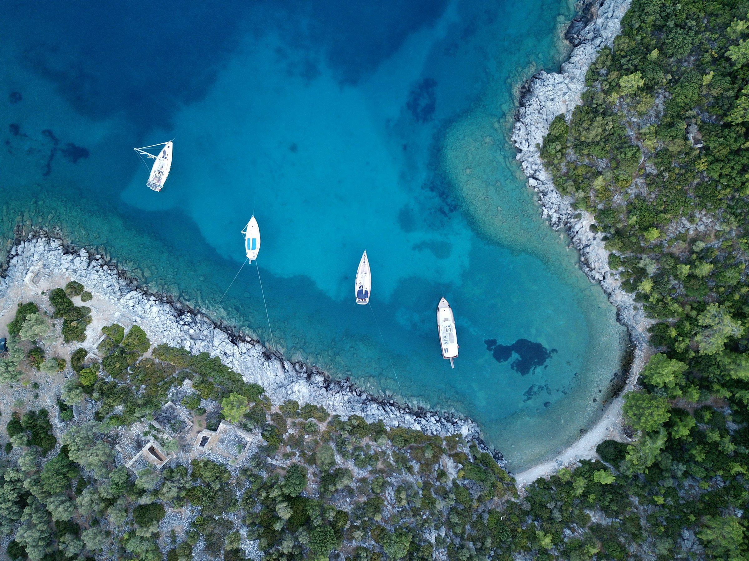 Bodrum yakınlarında bir koyda demirli teknelerin havadan görünümü